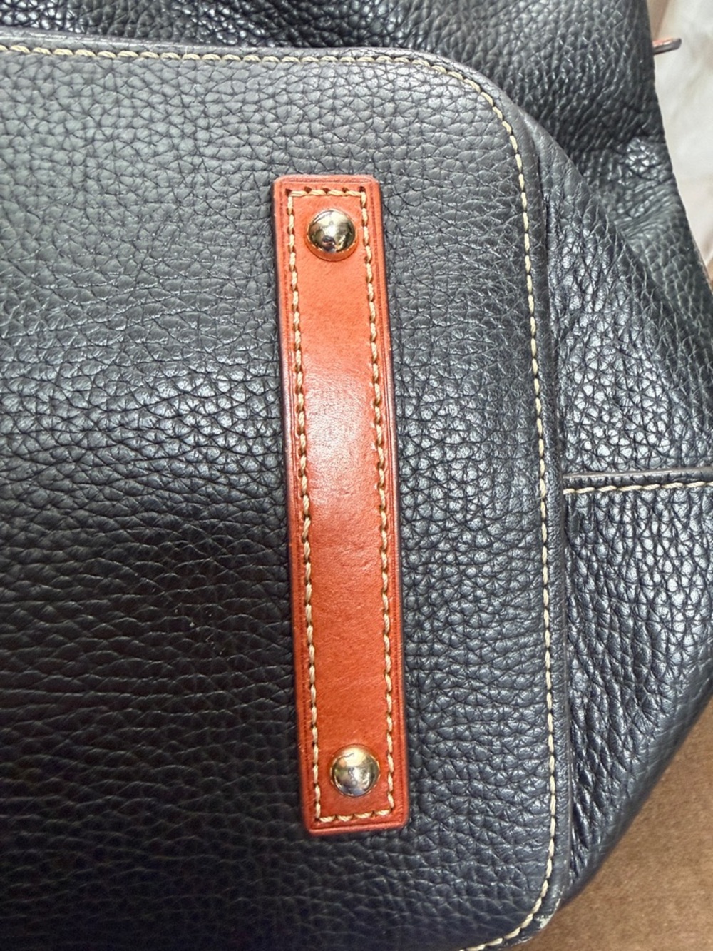 Dooney & Bourke Black Pebbled Leather Tote with Brown leather Trim and Tassel - Picture 14 of 16